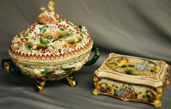 2 PCS. CAPO DI MONTE: COVERED HANDLED TUREEN WITH CHERUB MOTIFS, & COVERED BOX WITH ROMANTIC SCENES