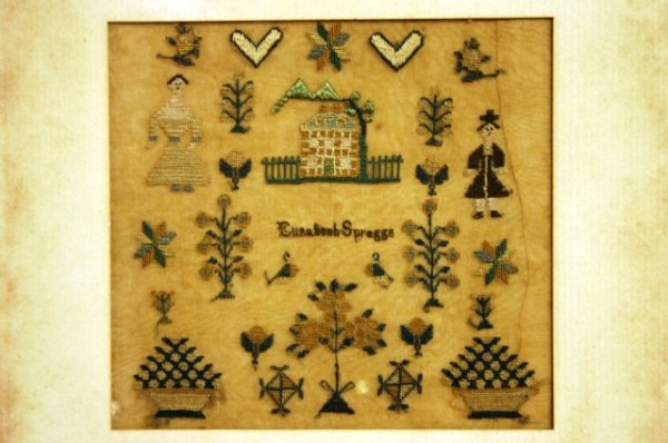 SAMPLER: 18TH C. NEEDLEWORK ON SILK, EXCEPTIONALLY FINE WORK, BY ELIZABETH SPRAGGS, DRY MOUNTED ON CARDBOARD, 5"X5" FRAMED