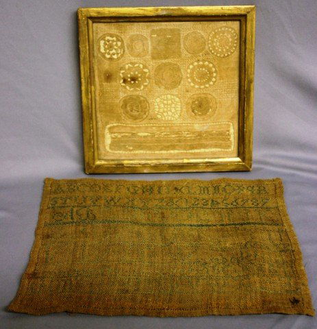 2 SAMPLERS: 19TH C. FRAMED & GLAZED WHITE ON WHITE, STITCHING SAMPLER, THE OTHER UNFRAMED & ROUGH