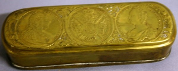 TOBACCO BOX: BRASS EARLY 19TH C. HINGED LID, SIGNED GIESE, WITH EMPEROR & EMPRESS, PRUSSIAN GERMAN EAGLE 5 3/8"L