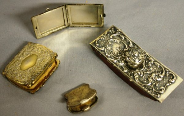4 SILVER ITEMS: NOTE BOX, BLOTTER, LOCKET & SMALL BOX WITH THISTLE DESIGN