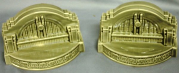 PAIR OF ROOKWOOD BOOKENDS: DEPICTING TRAIN STATION