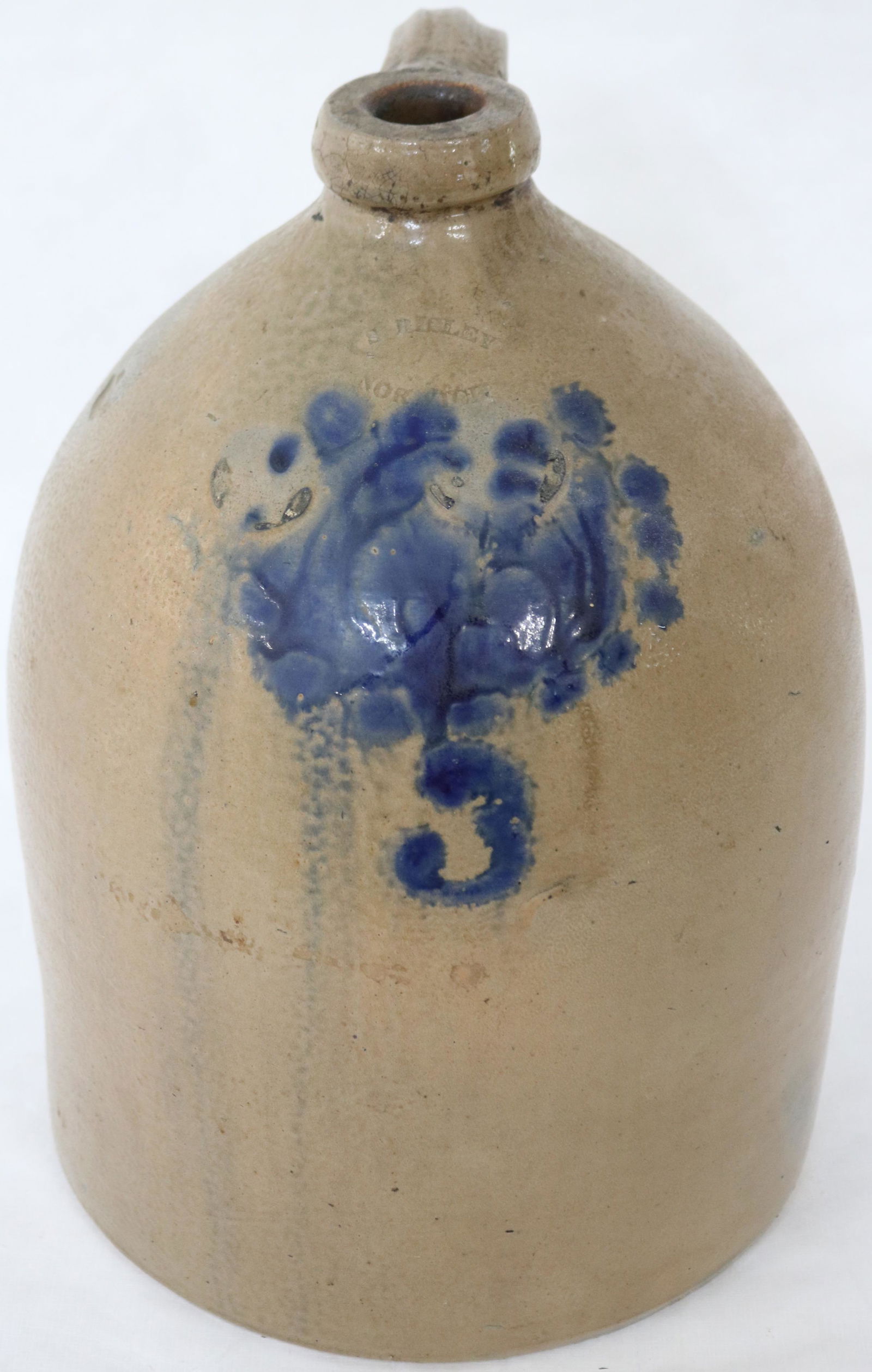 19TH C. BLUE DECORATED STONEWARE JUG STAMPED S. (1 of 2)