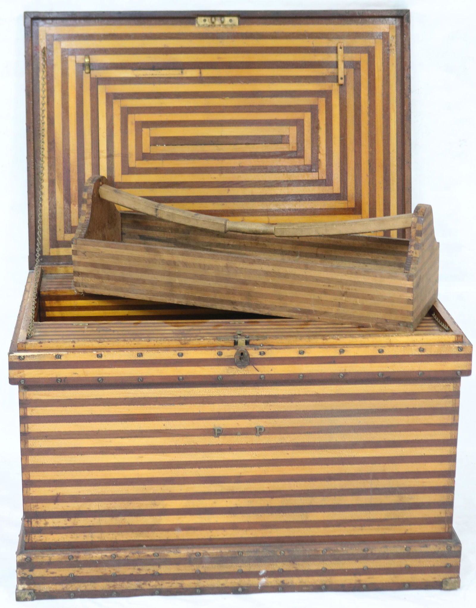 LATE 19TH C. VARIEGATED WOOD CARPENTERS CHEST (1 of 2)