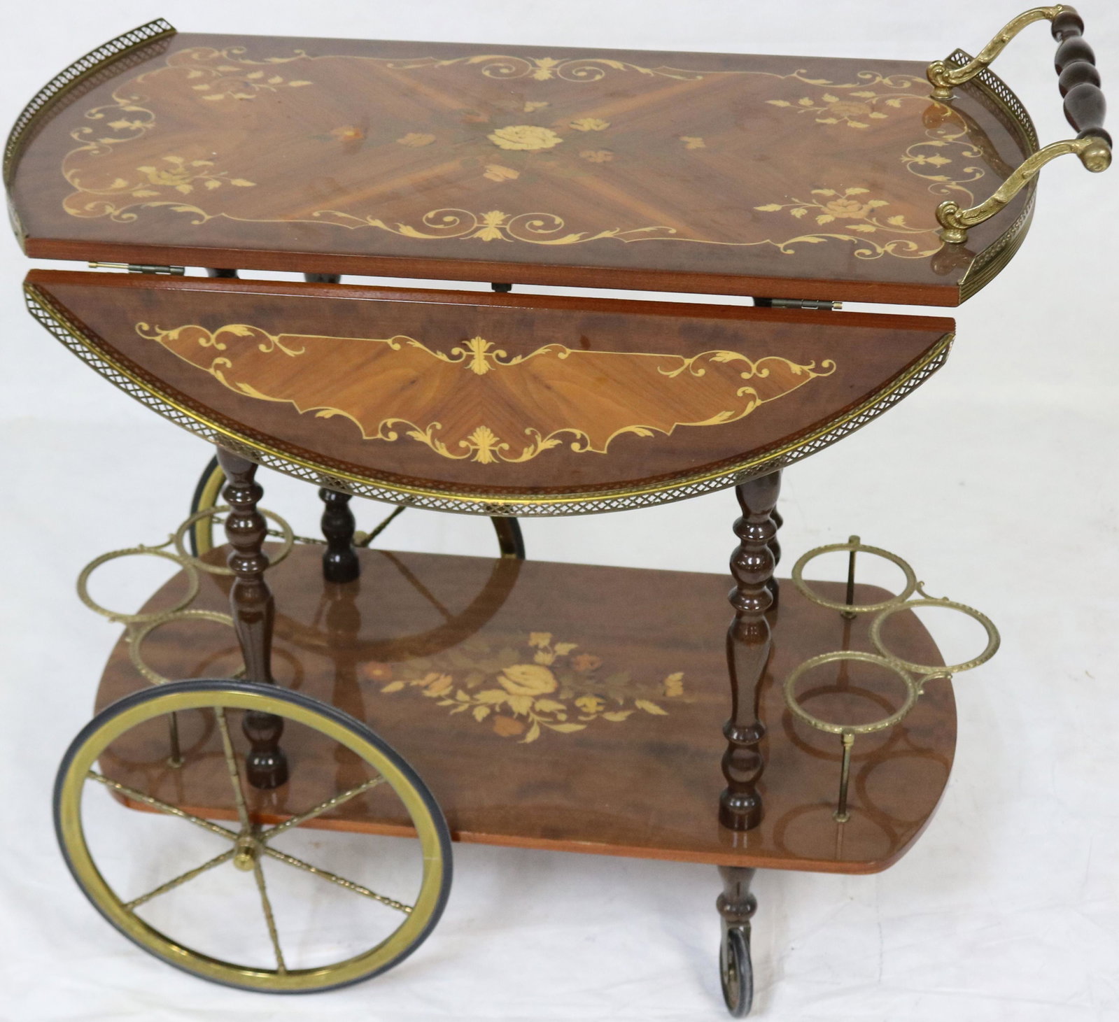 INLAID DROP LEAF DRINK CART, LATE 20TH C. BRASS: TRIM, GOOD OVERALL CONDITION, 30" H, 31" W, 16" DEEP, 7" DROP LEAVES