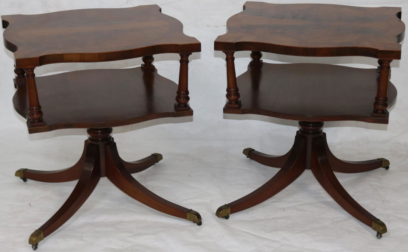 PAIR OF DUNCAN PHYFE STYLE MAHOGANY END TABLES: WITH MATCHED CRUTCH MAHOGANY TOPS, REFINISHED CONDITION, EXCEPTIONAL OVERALL SHAPE, 26 1/2" H, 25" X 25"