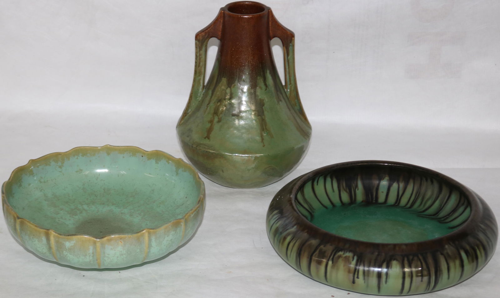 LOT OF 3 FULPER GREEN GLAZED ART, POTTERY ITEMS (1 of 2)