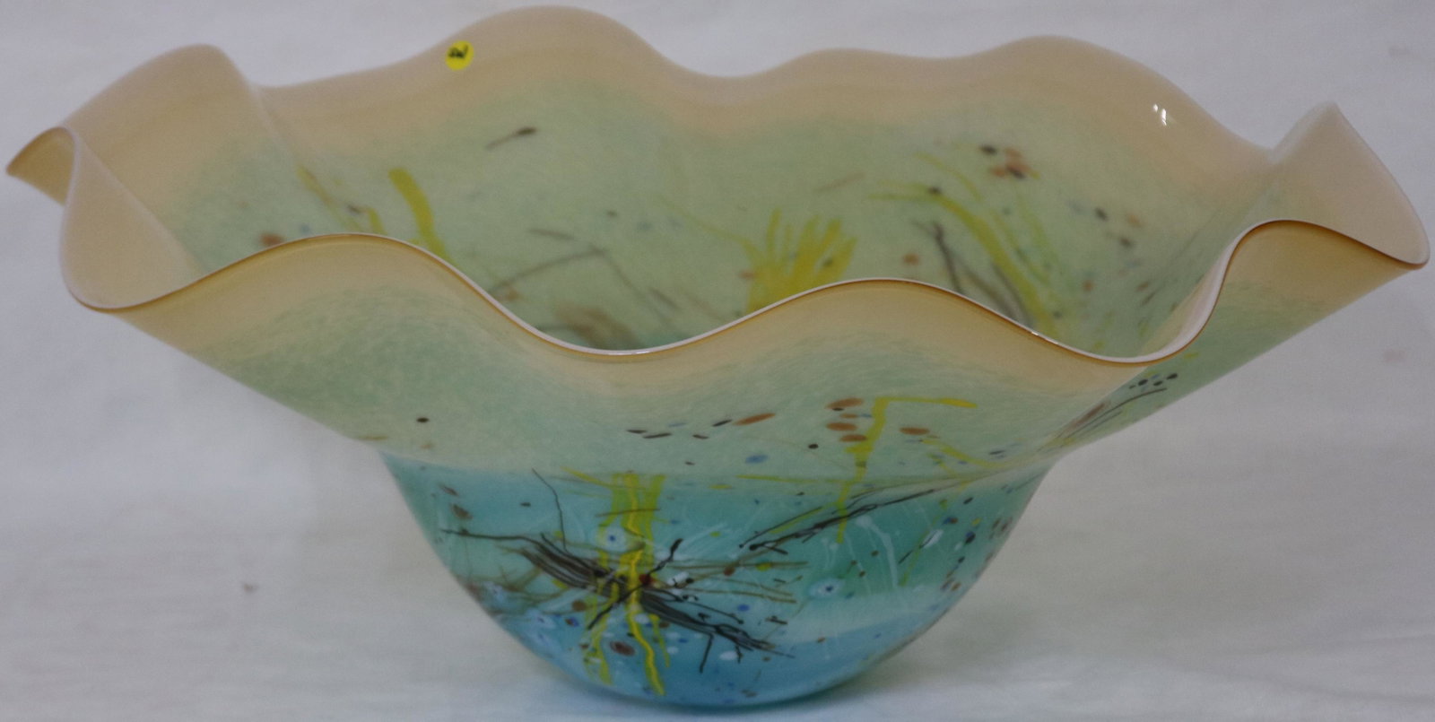 EXTREMELY LARGE MURANO STYLE GLASS BOWL, RUFFLED: TOP, MULTI COLORED BLUE, GREEN, PINK, ETC. 12" H, 27 1/2" DIA.