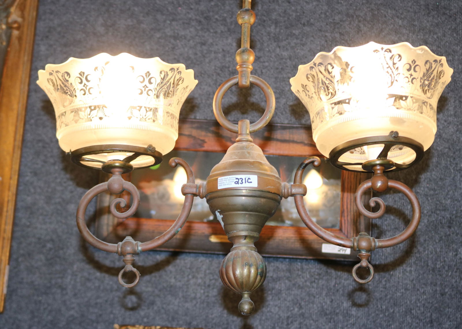 BRASS 2 LIGHT GAS STYLE CHANDELIER, ETCHED & (1 of 1)