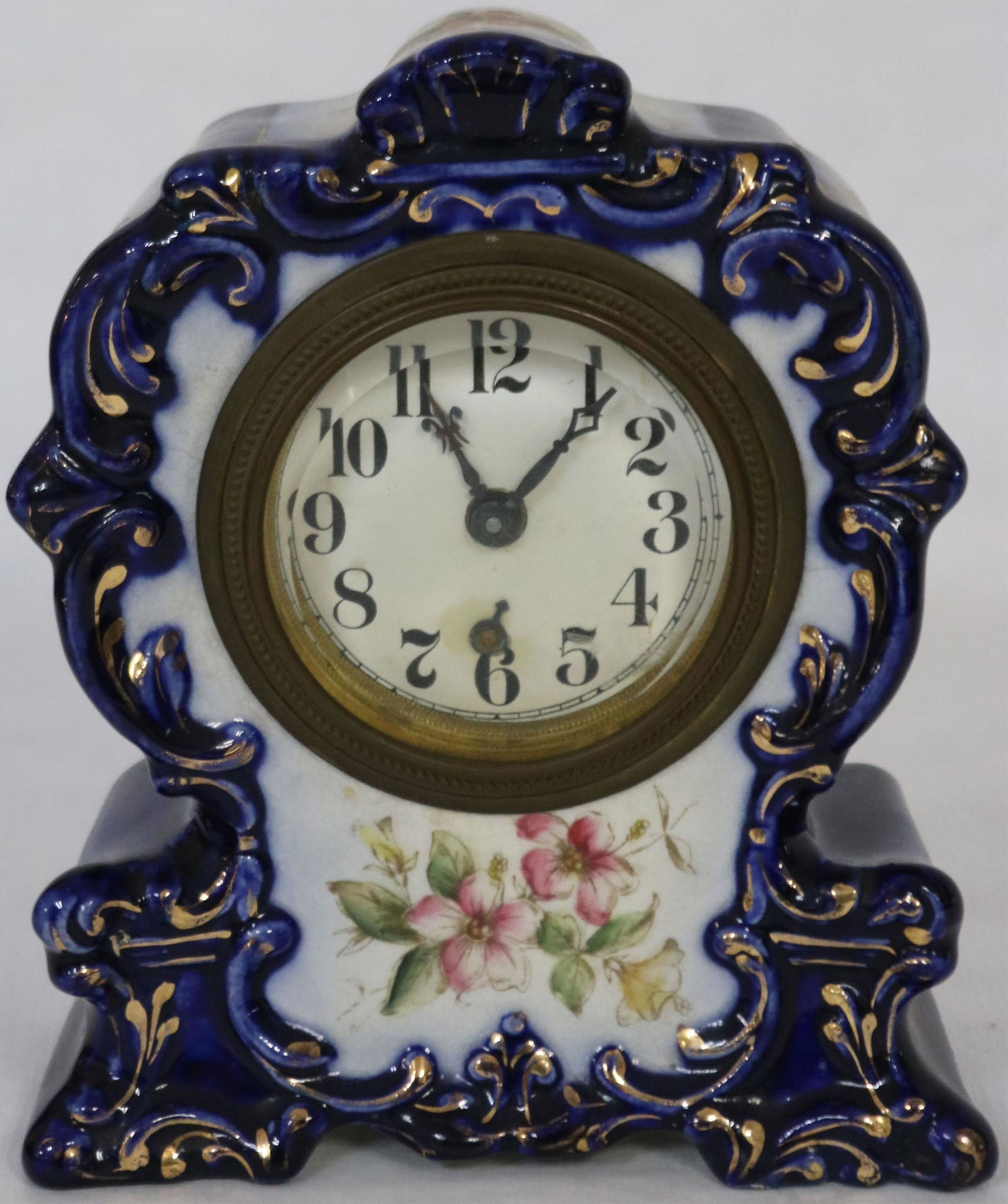 COBALT TRIMMED BOUDOIR CHINA CLOCK, MARKED LILY (1 of 2)