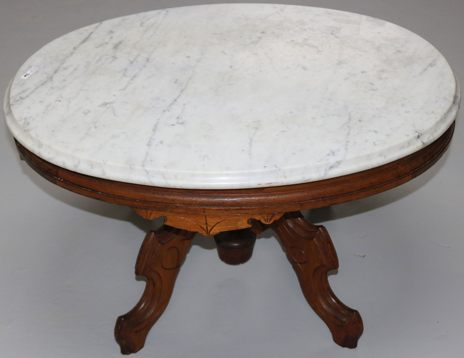 VICTORIAN WALNUT MARBLE TOP OVAL COFFEE TABLE, (1 of 2)