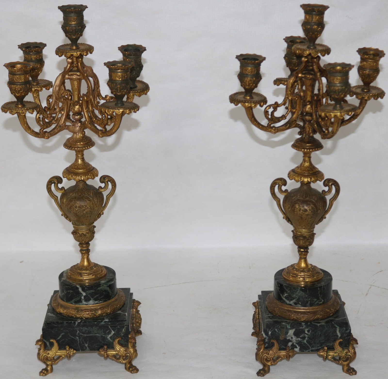 PAIR OF GILT METAL & MARBLE 5 SOCKLE CANDELABRAS,: LATE 19TH C. 20" H, 7" W, 6" DEEP