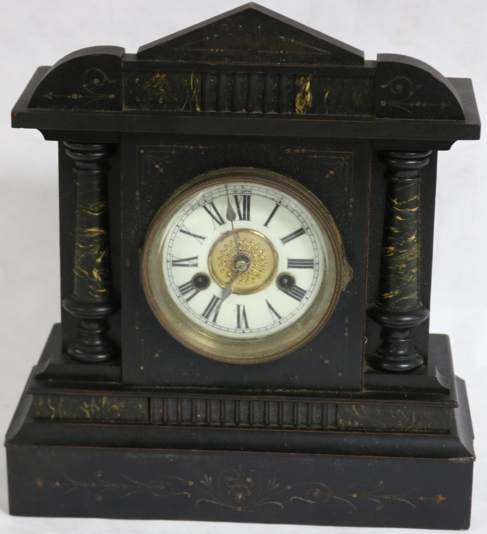 GERMAN PAINTED WOODEN MANTLE CLOCK, 14 1/4" H, 12: 1/2" W, 5 1/2" DEEP, SLIGHT DAMAGE TO MOLDING, UNKNOWN WORKING CONDITION, SPRINGS GOOD