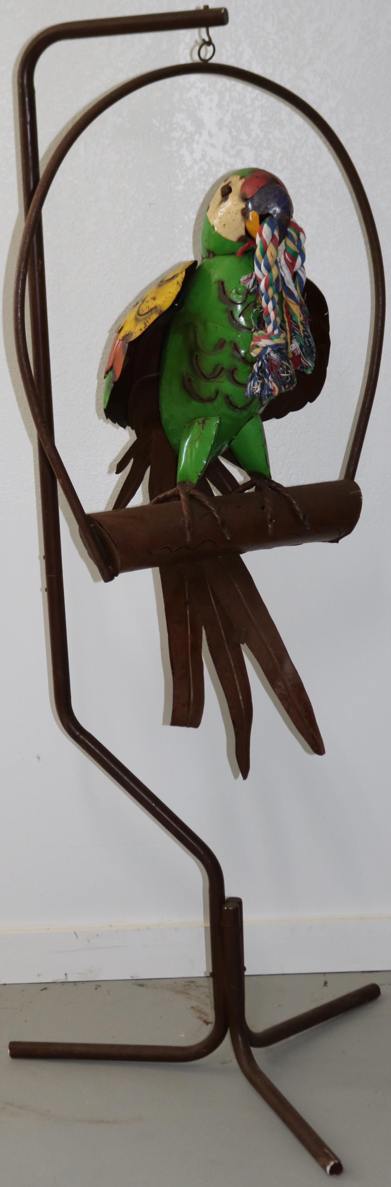 CONTEMPORARY PAINTED METAL PARROT ON STAND, 63": H, 25 1/2" W