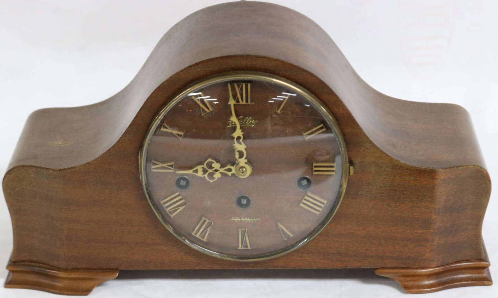 GERMAN MAHOGANY SHELF CLOCK WITH WESTMINSTER: CHIME, 8 1/2" H, 15" W, 5" DEEP, UNKNOWN WORKING CONDITION, SPRINGS GOOD