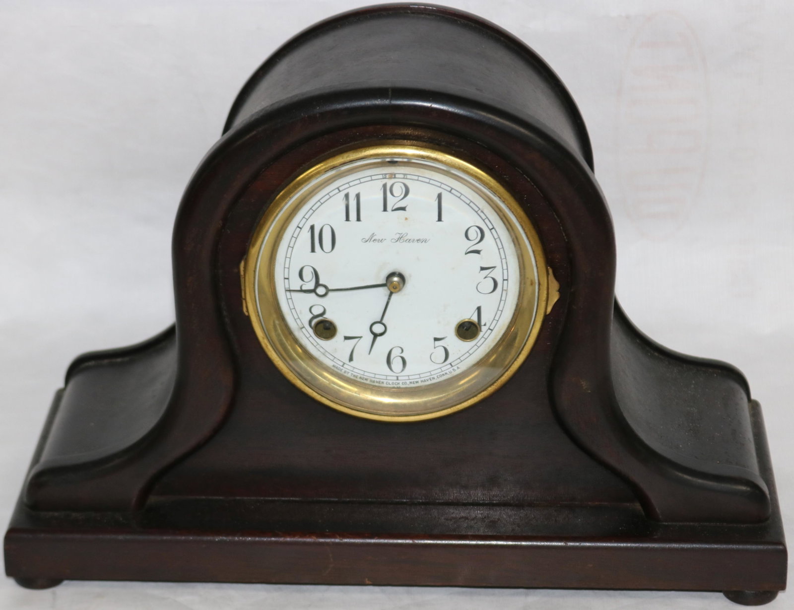 NEW HAVEN MAHOGANY MANTLE CLOCK, TIME & STRIKE,: UNKNOWN WORKING CONDITION, 10" H, 14 1/2" W, 6" DEEP
