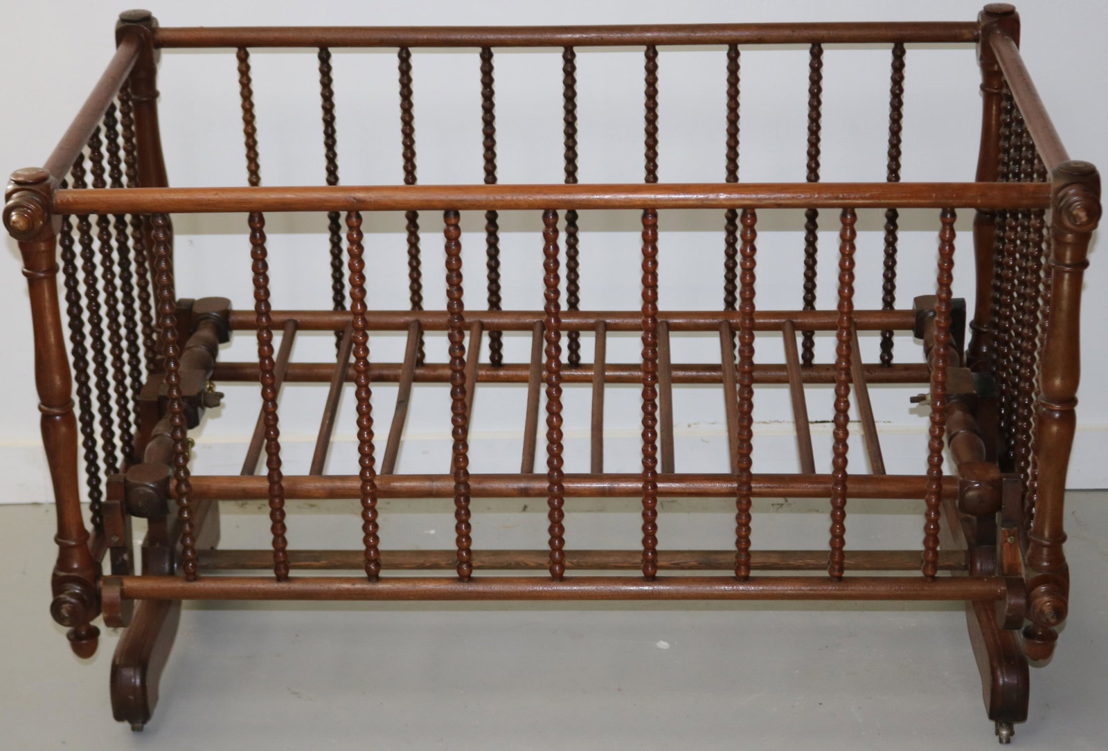 VICTORIAN WALNUT ROCKING CRADLE, ORIGINAL LABEL,: HAZARD CRIB #684, BOSTON PATENT MAY 2, 1871, ORIGINAL FINISH, 30 1/2" H, 46" W, 27 1/2" DEEP