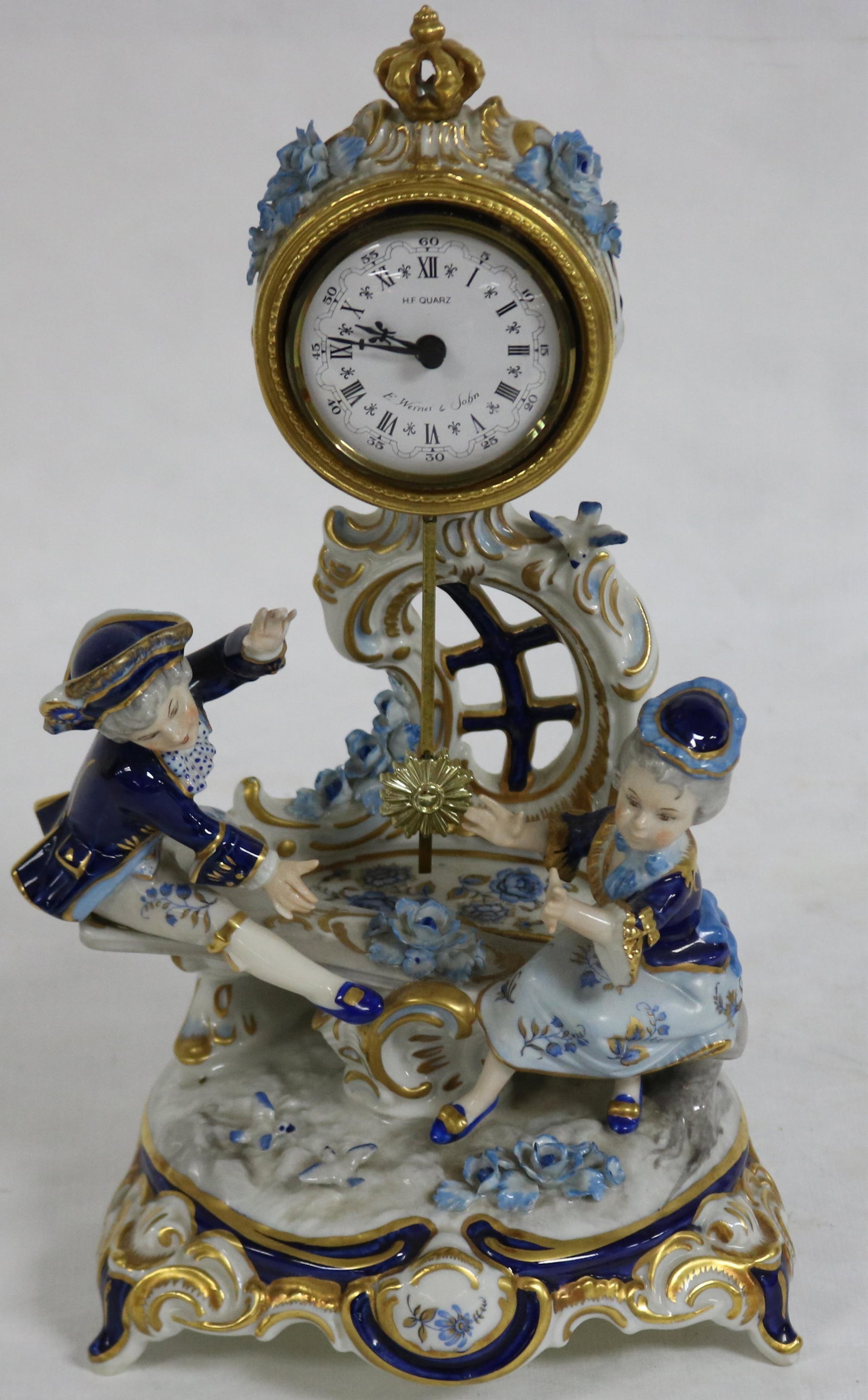 CONTEMPORARY PORCELAIN CLOCK WITH FIGURES,: BATTERY RUN, CLOCK NOT WORKING, DRESDEN MARK WITH GERMANY, 12" H, APPROX. 6 1/2" W