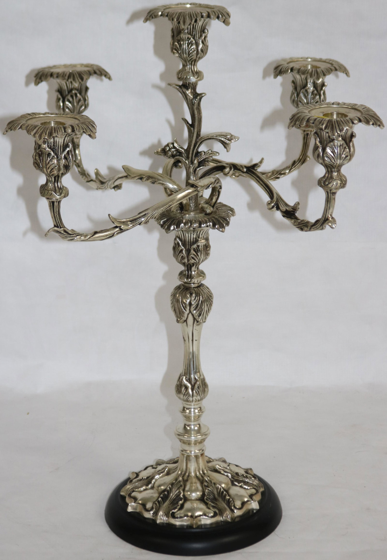 ORNATE SILVER PLATED 5 SOCKLE CANDELABRA, 21" H,: 13" X 13", 20TH C.