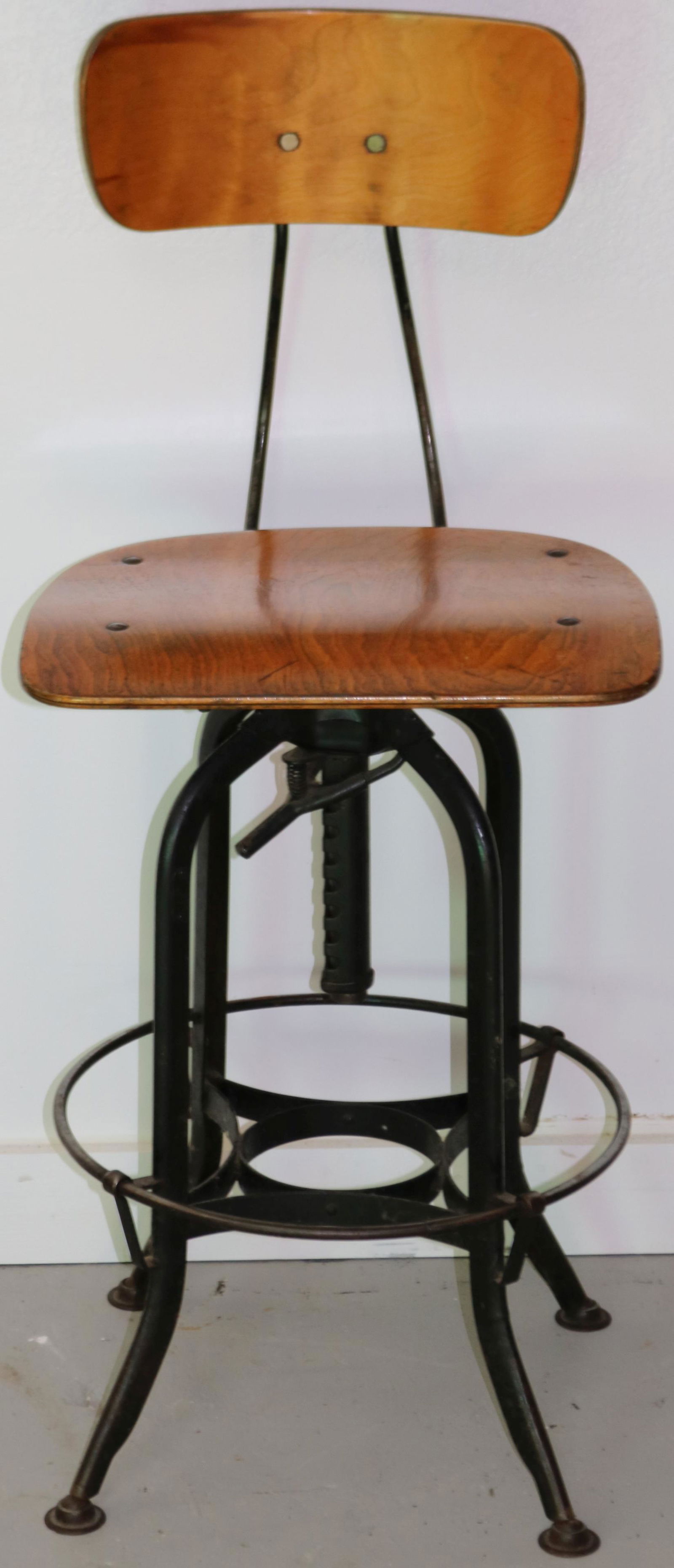 INDUSTRIAL SWIVEL STOOL, BENT PLYWOOD BACK &: SEAT, 38" H, 16" W