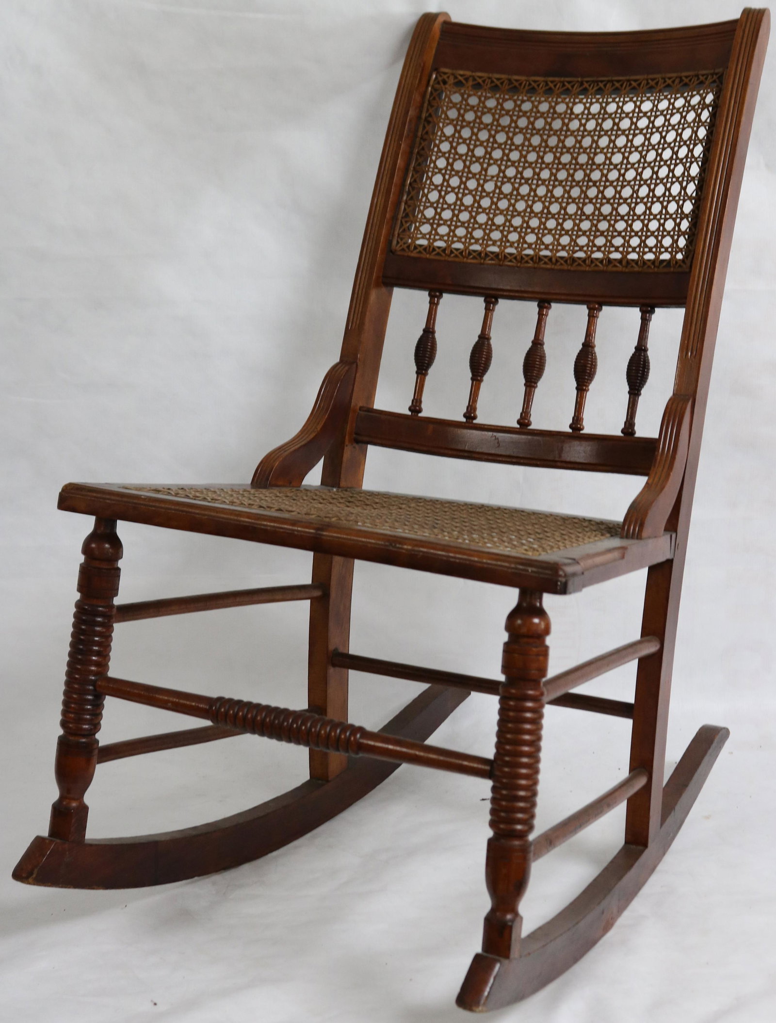 VICTORIAN WALNUT CANE BACK & SEAT NURSING ROCKER,: ORIGINAL NATURAL FINISH, 33" H, 18 1/2" W, 24 1/2" DEEP