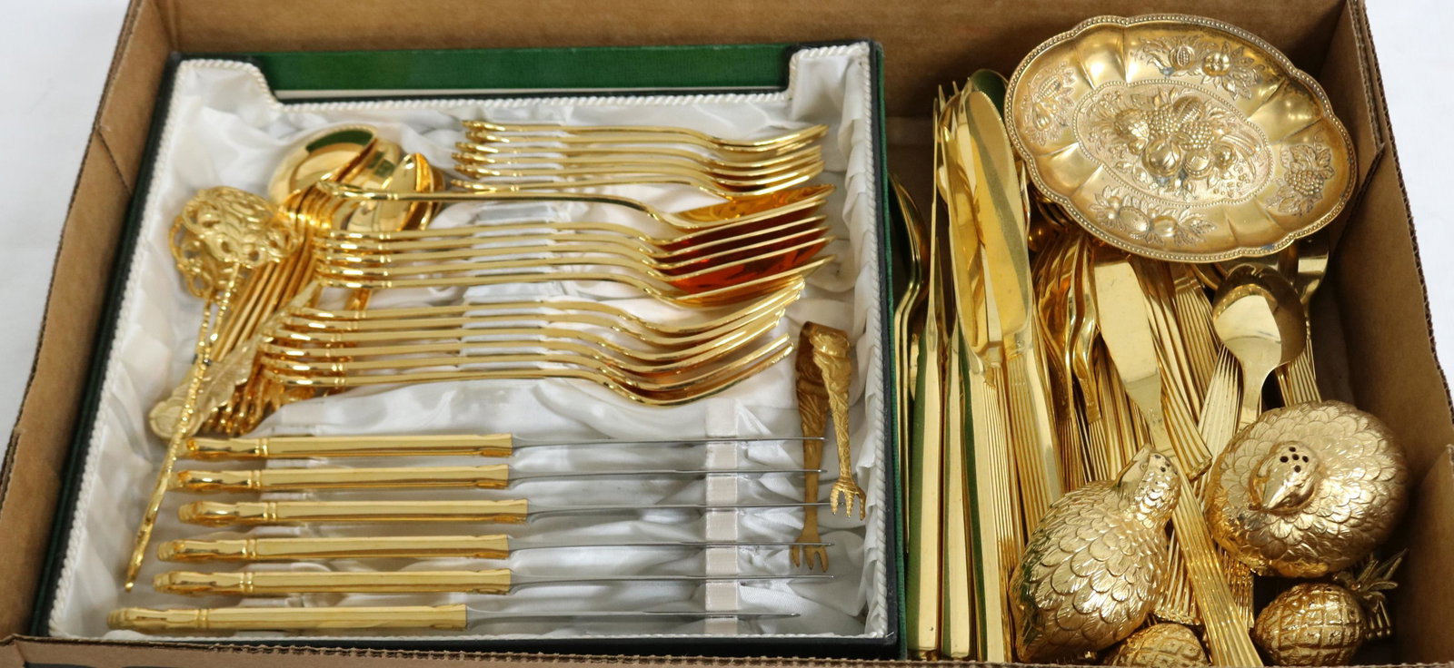 2 SETS GOLD PLATED FLATWARE TOGETHER WITH: PARTRIDGE SALT & PEPPER, PINEAPPLES, ETC.