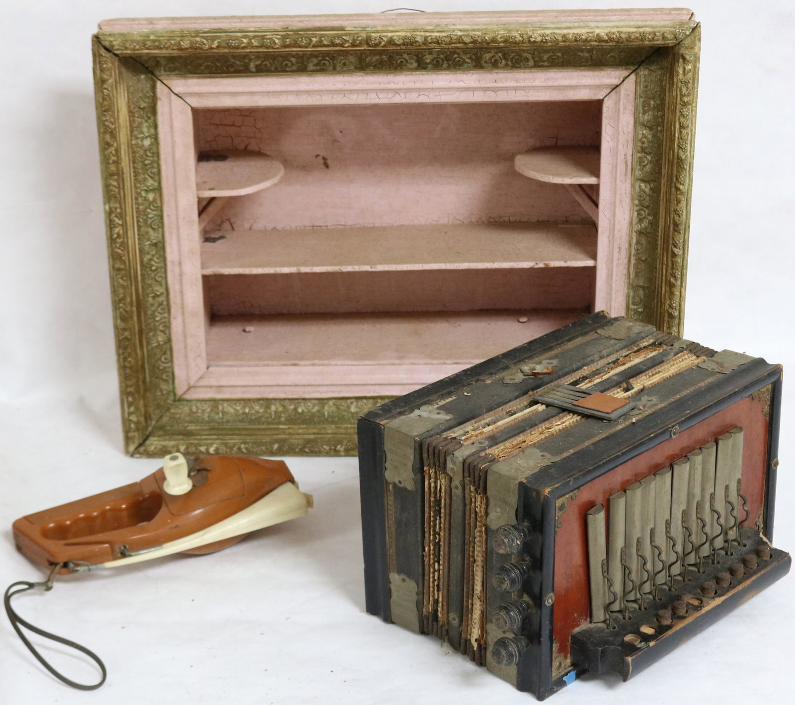 LOT OF 3 ITEMS TO INCLUDE ACCORDION, POCKET: FISHERMAN & SHADOW BOX FRAME, ACCORDION NOT WORKING