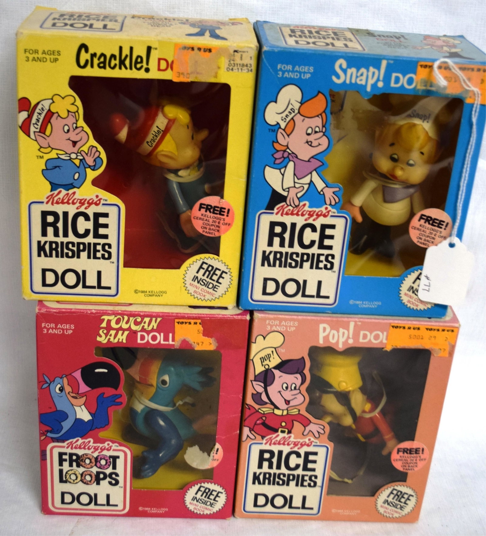FOUR KELLOGG'S COLLECTOR DOLL INCL. TOUCAN SAM,: RICE KRISPIES SNAP, CRACKLE AND POP IN ORIGINAL BOXES