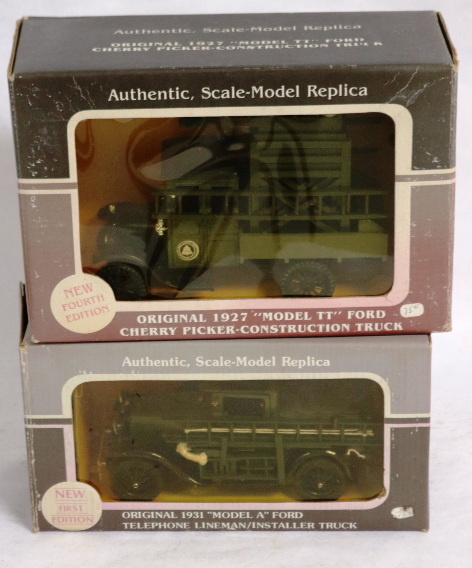 2 BOXED SCALE MODEL REPLICA 1927 MODEL TT CHERRY: PICKER BELL TELEPHONE 4TH EDITION & 31 MODEL A FORD TELEPHONE LINEMAN TRUCK 1:25 SCALE