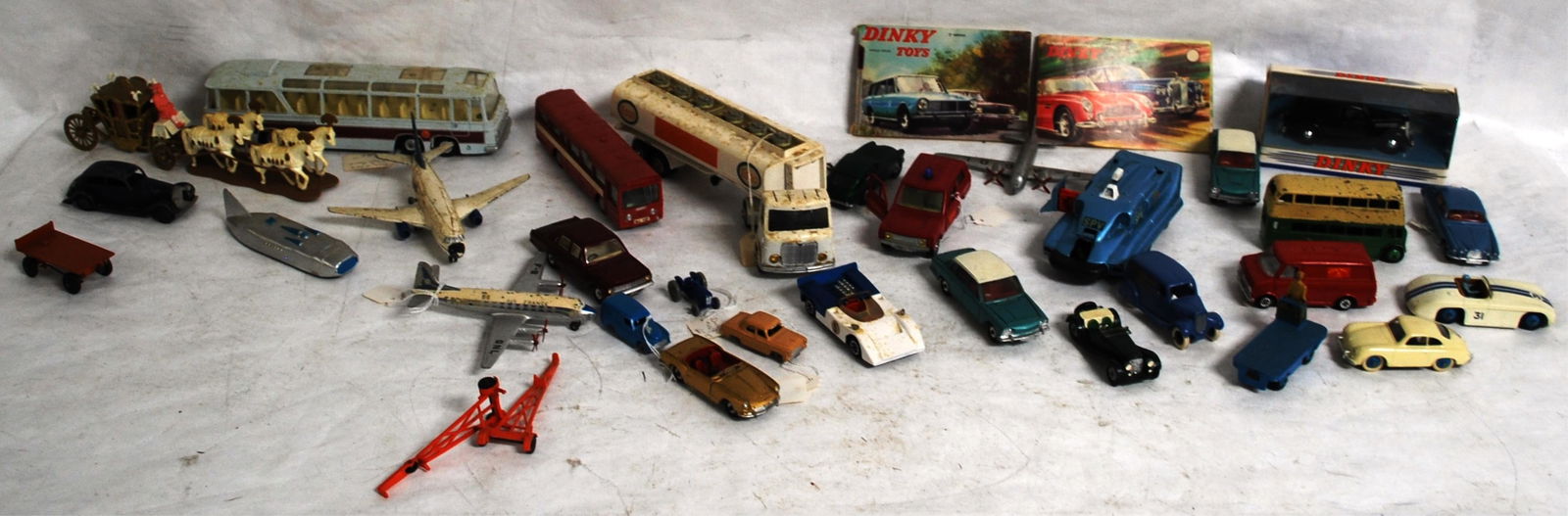 DINKY TOYS: ESSO TANKER, CINDERELLA'S COACH, VEGA: LUXURY COACH, AIR FRANCE, FORD PILOT IN BOX, BEV TRUCK, RED ARROW BUS