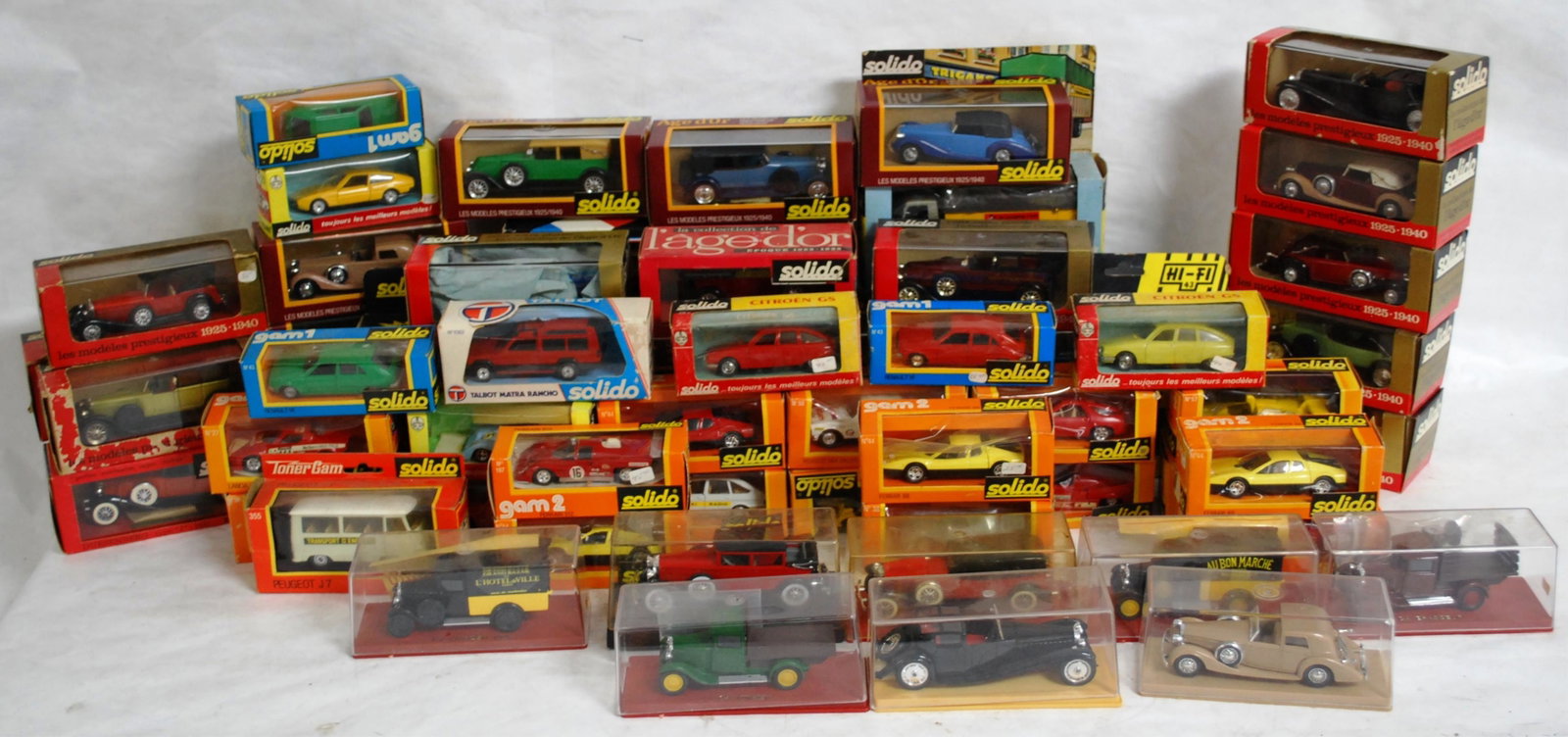 70 SOLIDO CARS INCL. GAM 2, DOUBLE DECKER BUS,: TALBOT. MATRA RANCO, AGE D'OR, GAM 1