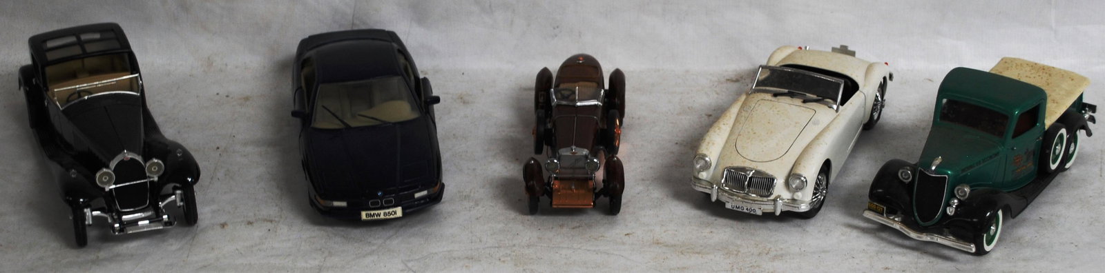 FIVE 1:18/1:16 SCALE CARS - FRANKLIN MINT, MAISTO: BMW, POLISTIL TWIN CAM, SOLIDO FORD TRUCK, SOLIDO BUGATTI
