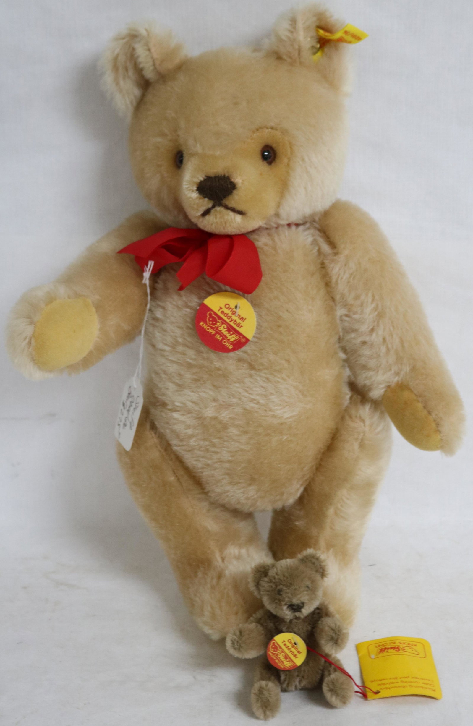 2 STEIFF TEDDY BEARS, ONE JOINTED, 2 3/4" - 12" H: SEE PHOTO