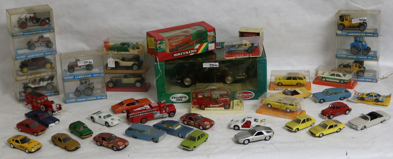APPROX. 43 PLASTIC & DIE CAST METAL CARS BY: SOLIDO, SABRA, SCHUCO, BRITAIN COLLECTIBLES, MINIALUXE, ETC.