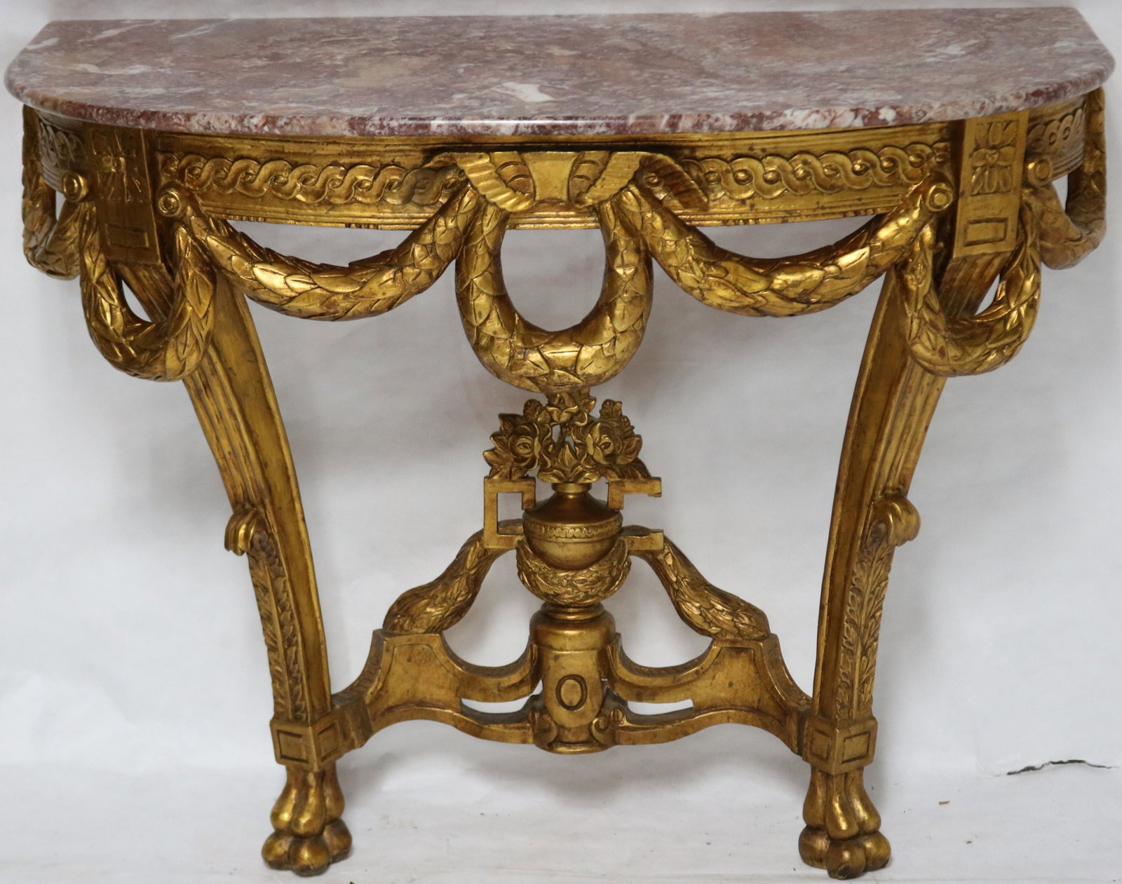 LATE 20TH C CARVED & GILT CONSOLE PINK MARBLE TOP: WITH SWAG FLORAL & URN CARVING 31 1/2" H, 40 1/2" W, 18 1/2" D