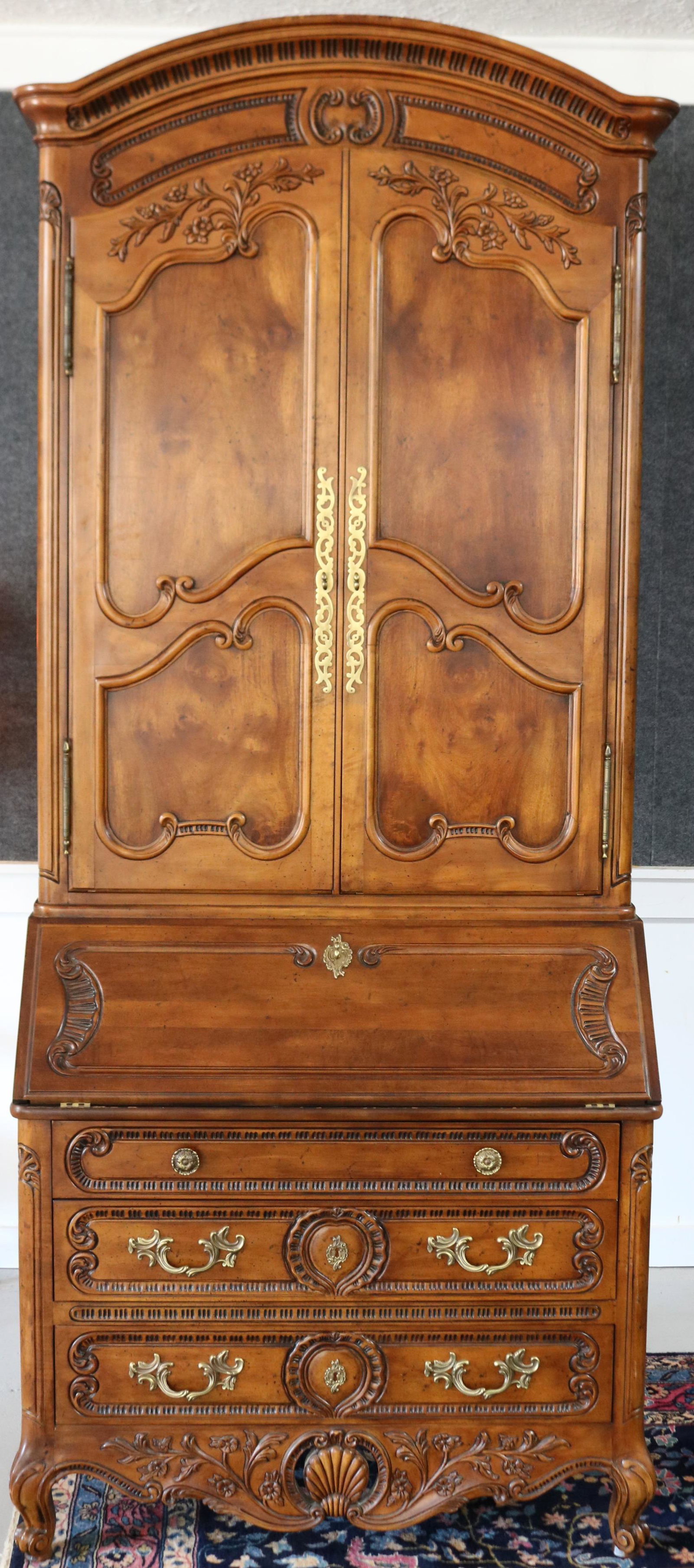 FRENCH, STYLE CARVED & PANEL SECRETARY DESK BY: HENREDON WITH 2 BLIND DOOR TOP FALL FRONT FITTED INTERIOR OVER 3 DRAWERS SHELL CARVED BASE 94" H, 38 1/2" W, 20" D