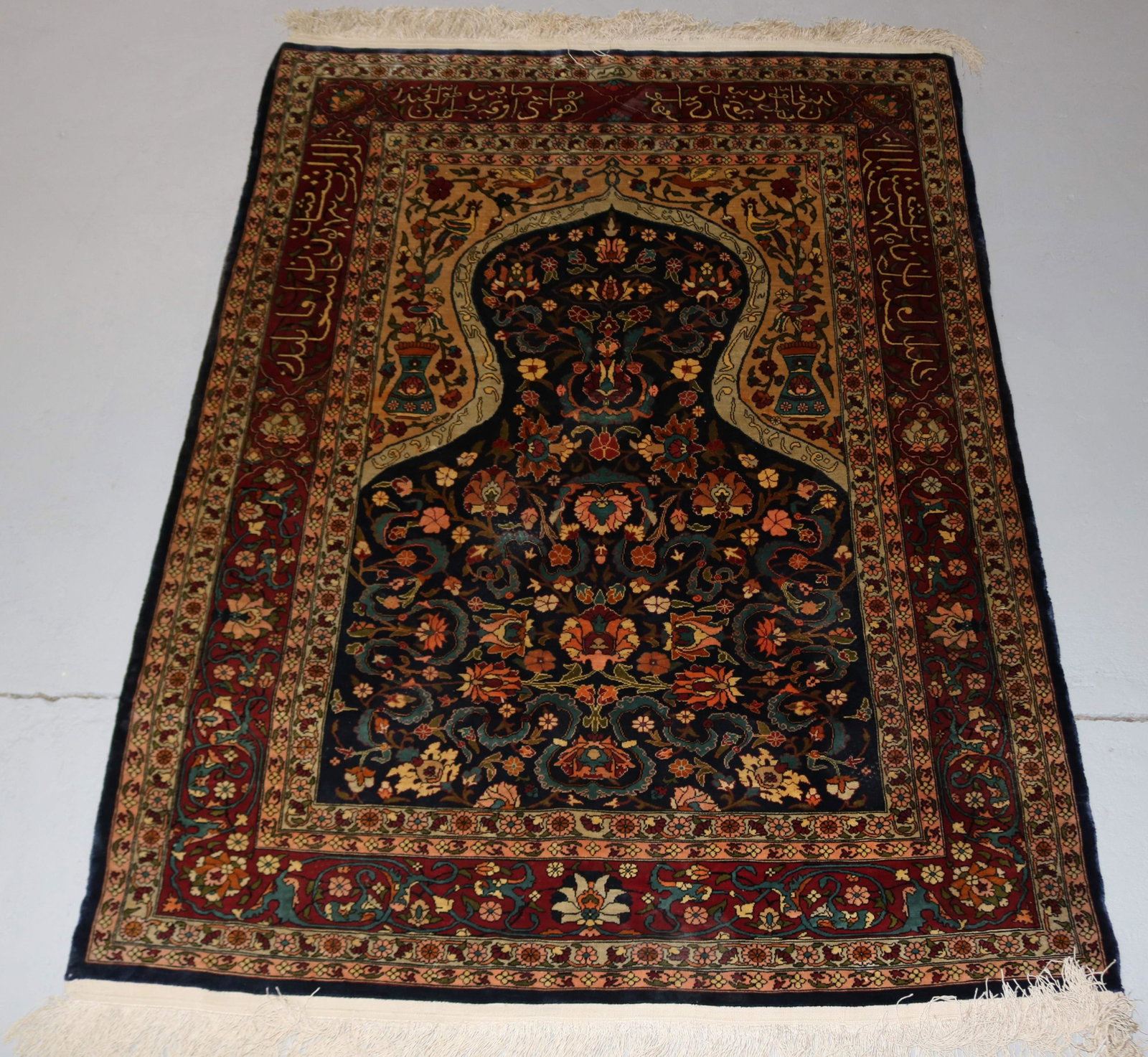 EXCEPTIONAL QUALITY PERSIAN PRAYER RUG WITH WOOL: & SILK, VERY TIGHTLY WOVEN EXCELLENT COLORS AND CONDITIONS WITH BIRDS VASES FLOWER & ETC. 2' 9" X 4' 2"