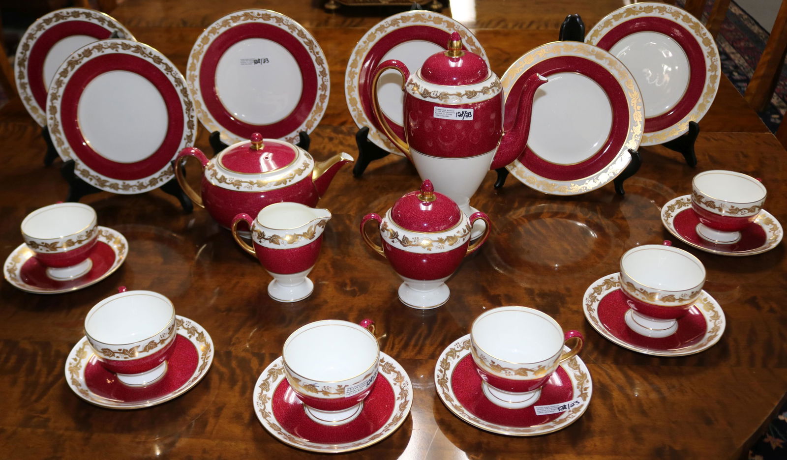23 PC. WEDGEWOOD WHITE HALL PATTERN, DESSERT SET: TO INCLUDE TEA & COFFEE POT, SUGAR & CREAMER, CUP, SAUCER & DESSERT PLATES, 10" COFFEE, 5" TEA, 5 1/2" SUGAR, 4" CREAMER, 8" PLATES, 5 3/4" SAUCER, 3 1/4" CUPS