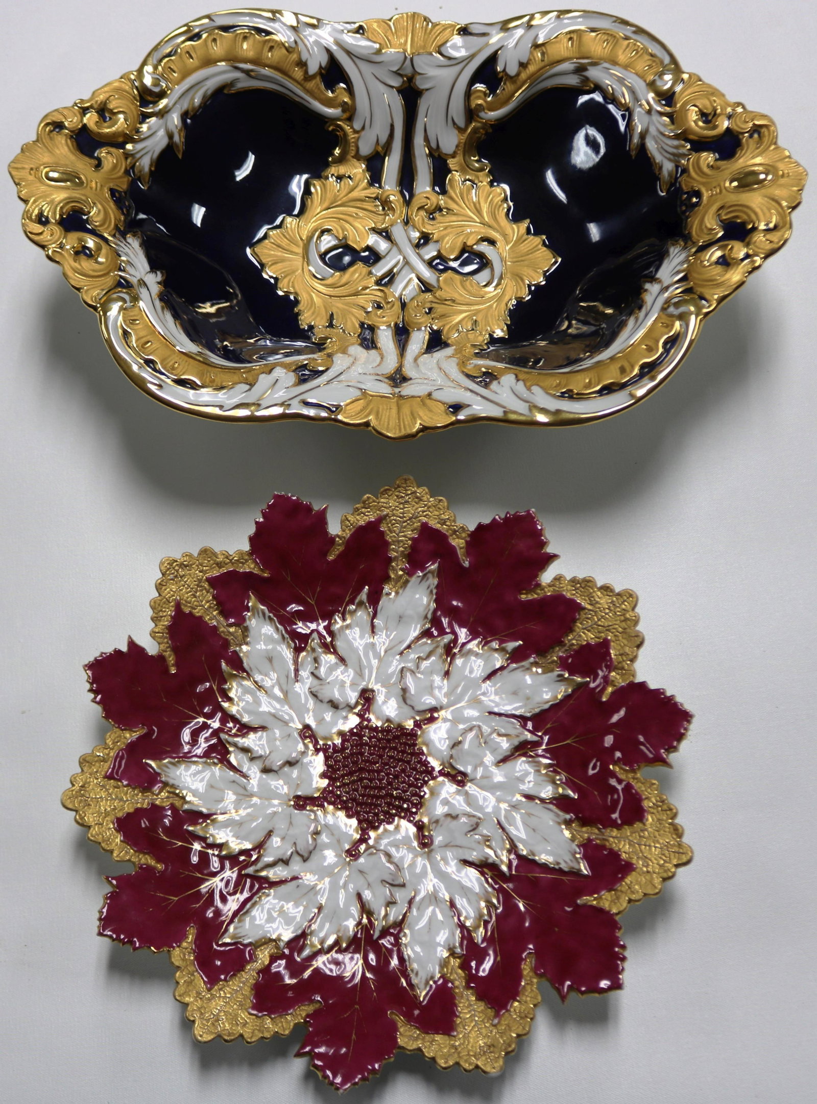 2 CROSS SWORD MEISSEN SERVING DISHES WITH ORNATE: GOLD DECORATIONS, TO INCLUDE RECTANGULAR BOWL 12" X 7 3/4" 3" HIGH, 8 1/2" LEAF SHAPED PLATE