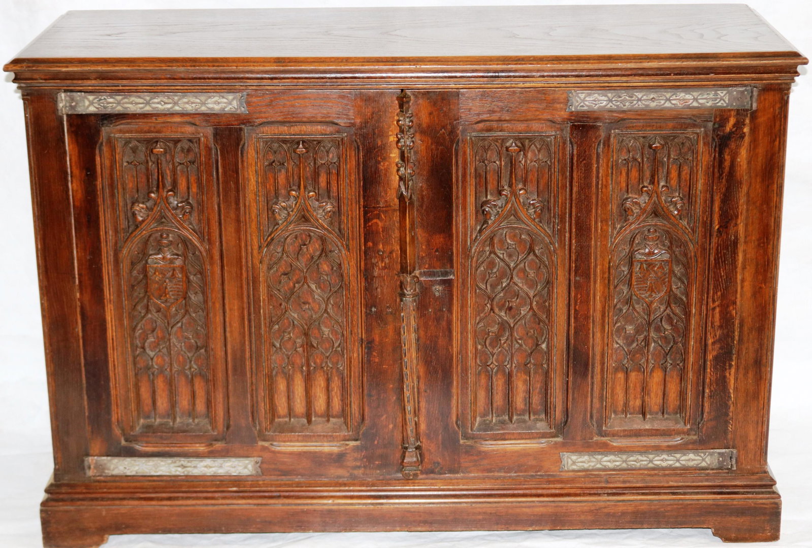 OAK GOTHIC LINEN FOLD SIDE CABINET 2 DOOR, OLD: NATURAL FINISH, IRON HARDWARE 36" H, 52" W, 18 3/4" D