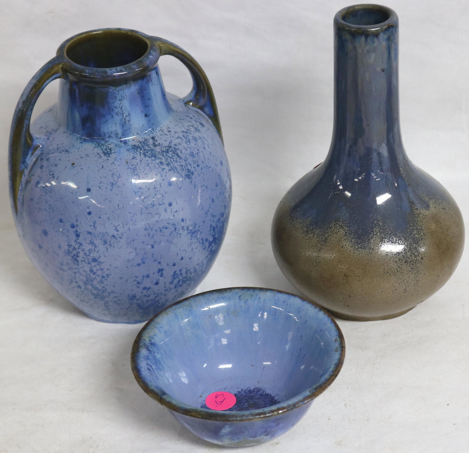 3 PIECES OF FULPER POTTERY INCLUDE HANDLED VASE,: SQUAT FORM VASE & BOWL, BLUE COLORS, 2" TO 8 1/2" H