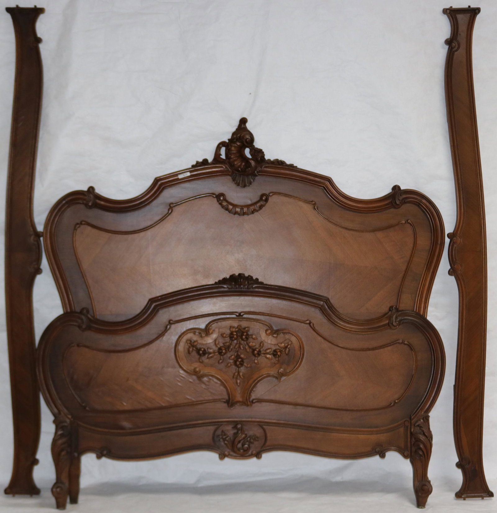 LATE 19TH C. SIMILAR CARVED FRENCH BED OF WALNUT: 59" H, 61" OVERALL WIDTH