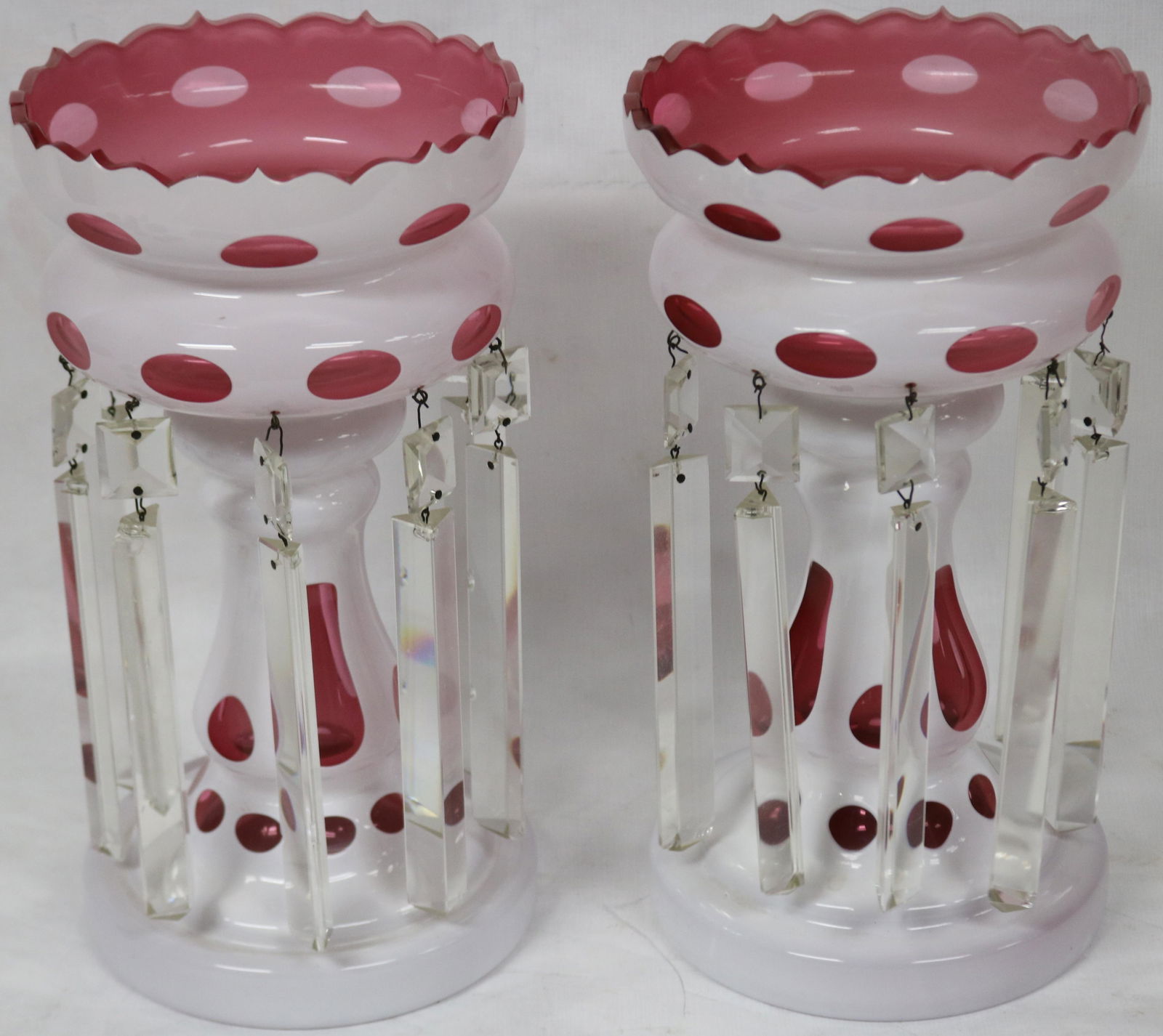 PAIR OF CRANBERRY OVERLAY MANTLE LUSTERS, 12 1/4": H, 6 3/4" DIA.