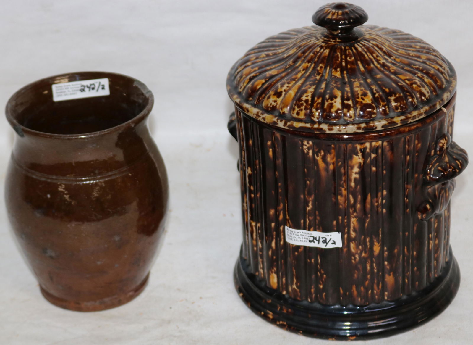 EARLY BENNINGTON COVERED JAR, DATED 1849, STAMPED: ON BOTTOM, SHOWS CHIP TOGETHER WITH EARLY REDWARE FLARED RIM JAR WITH CHIPS TO RIM, 6 1/2" - 9 1/2" H, 5" - 7" DIA.