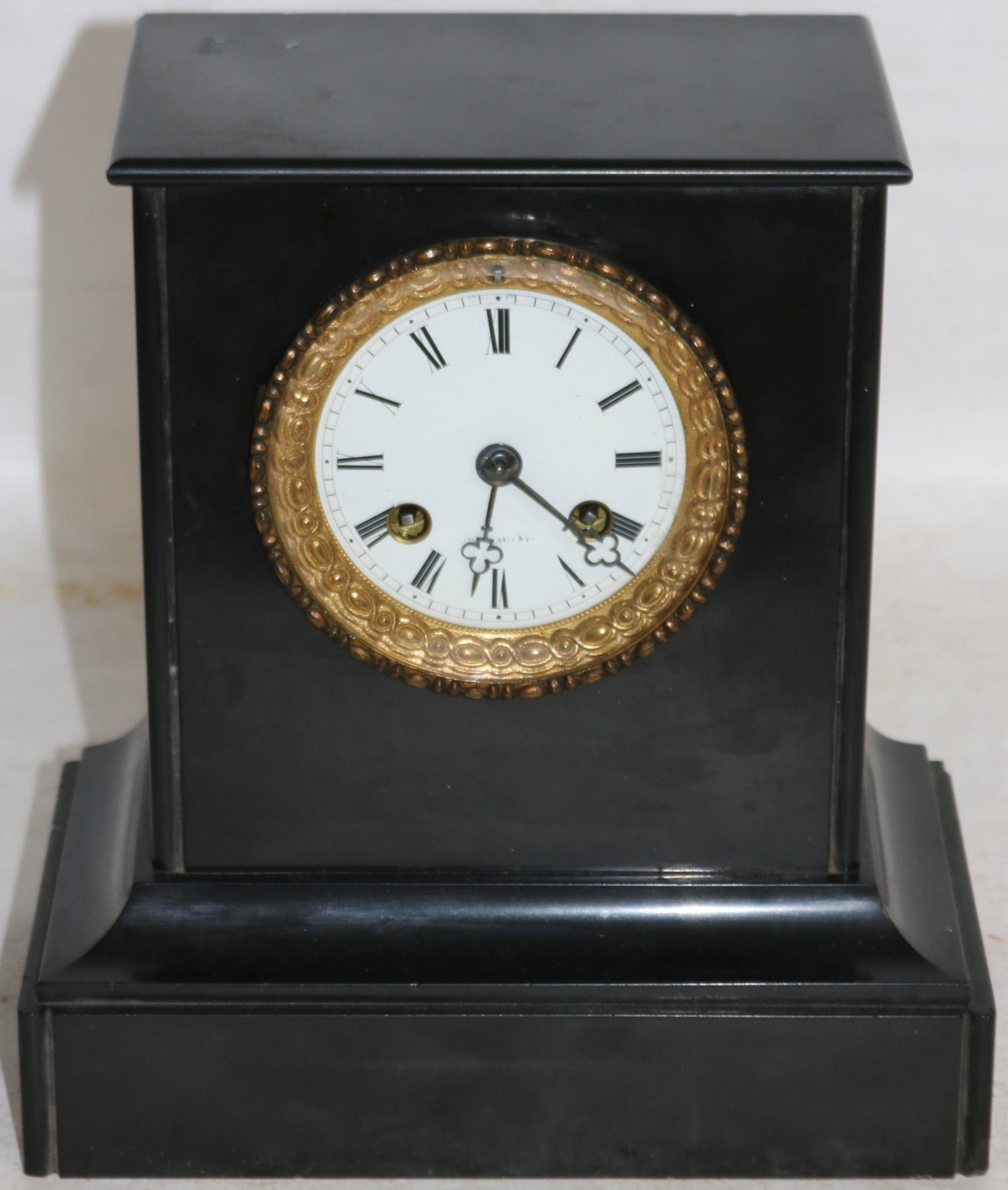 BLACK SLATE MANTLE CLOCK, TIME & STRIKE, FRENCH: MOVEMENT, BACK GLASS MISSING, 8 3/4" H, 8 1/4" W, 4 3/4" DEEP, SHOULD BE WORKING, SPRINGS OK