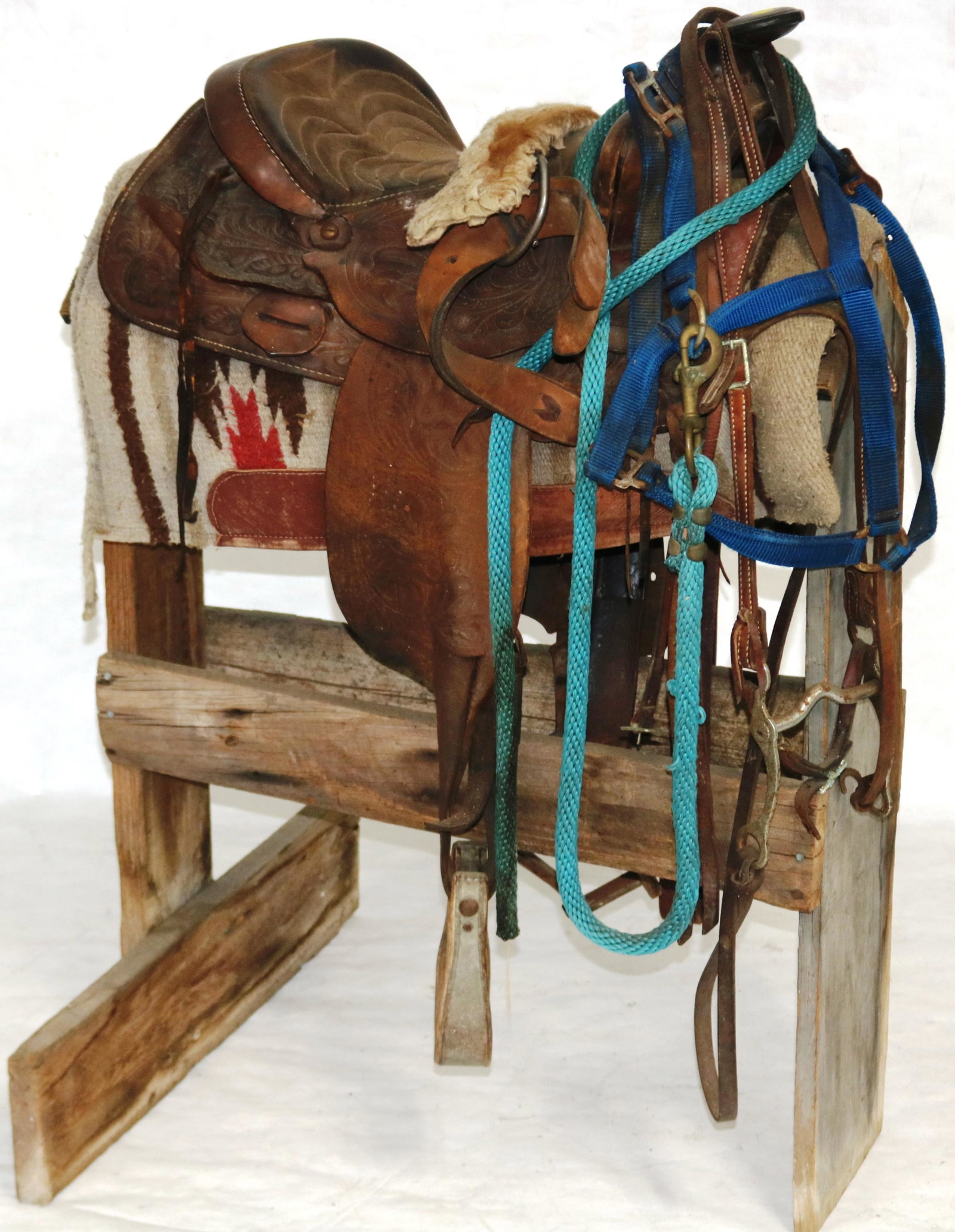 OLD TOOLED LEATHER WESTERN SADDLE ON HOMEMADE: BASE, DISPLAY PURPOSES ONLY, #493