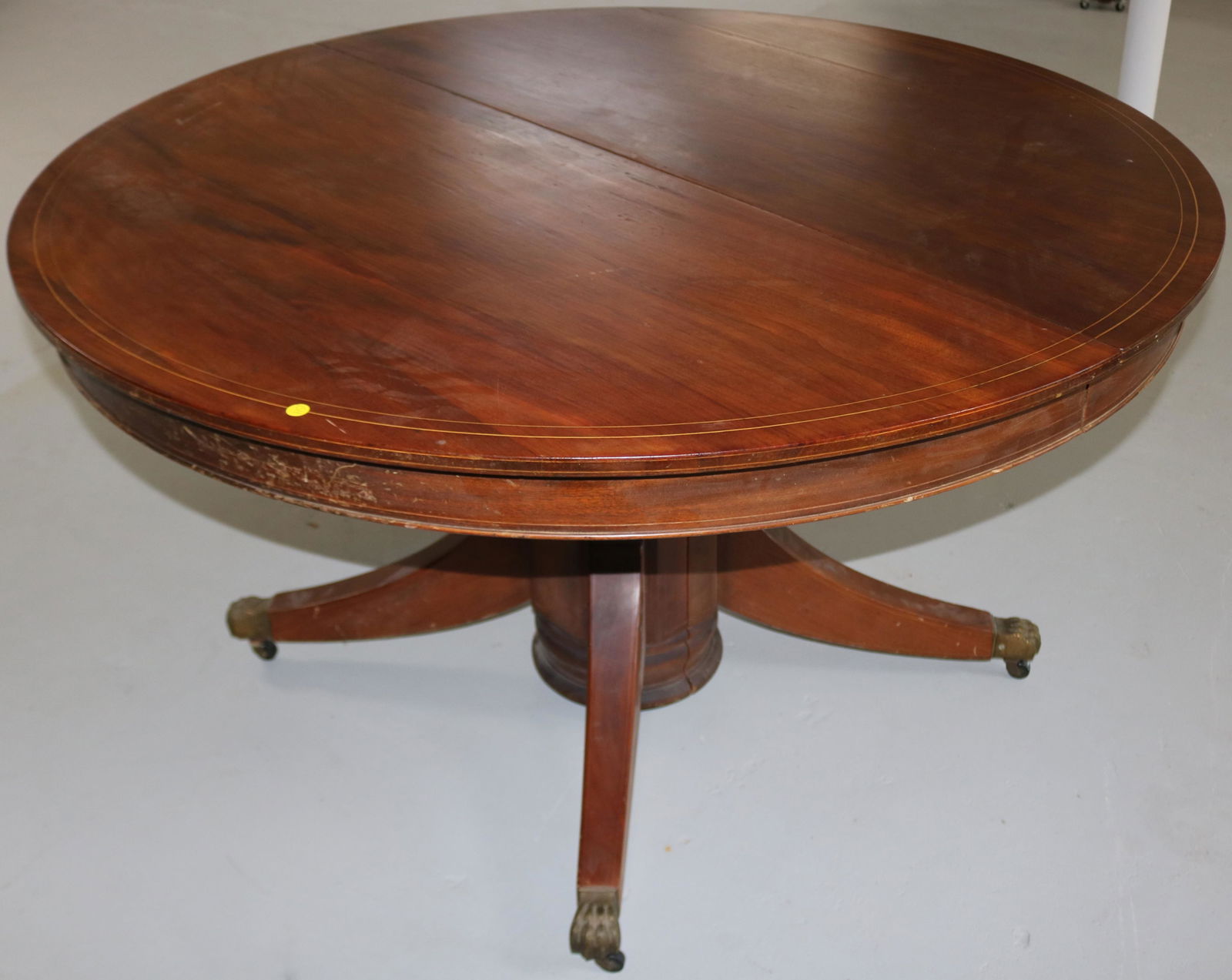 LATE 19TH C. MAHOGANY DUNCAN PHYFE STYLE DINING: TABLE, INLAID TOP, SPLIT PEDESTAL CENTER LEG, OLD FINISH, 30" H, 54" W, 13 1/4" LEAF