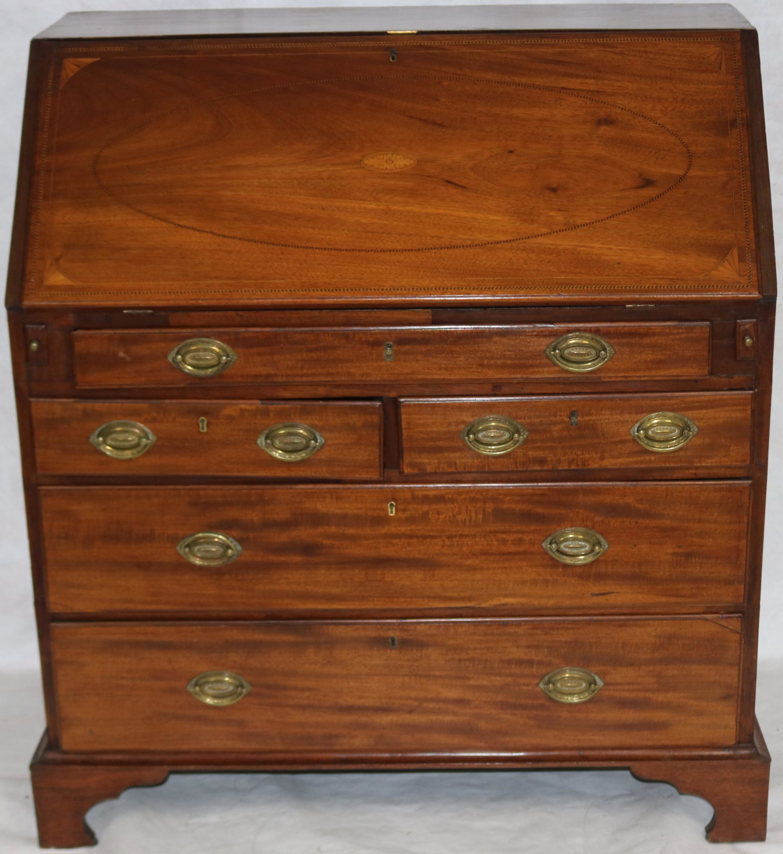 GEORGE III INLAID SLANT LID DESK WITH ORNATE: SHAPED & INLAY INTERIOR, OVERALL RESTORATION, REFINISHED, 45" H, 42" W, 22 1/2" DEEP