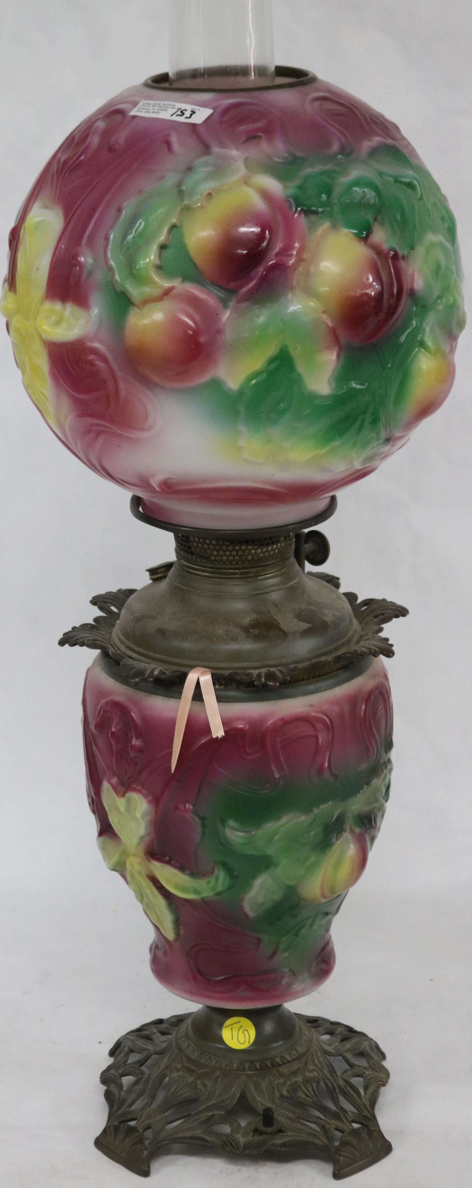 VICTORIAN GONE WITH THE WIND LAMP, MARKED B&H,: EMBOSSED FRUIT & FLORAL DESIGN, ELECTRIFIED, NO CORD, BRASS & IRON MOUNTS, 27 1/2" HIGH TO TOP OF CHIMNEY, 9 1/2" SHADE