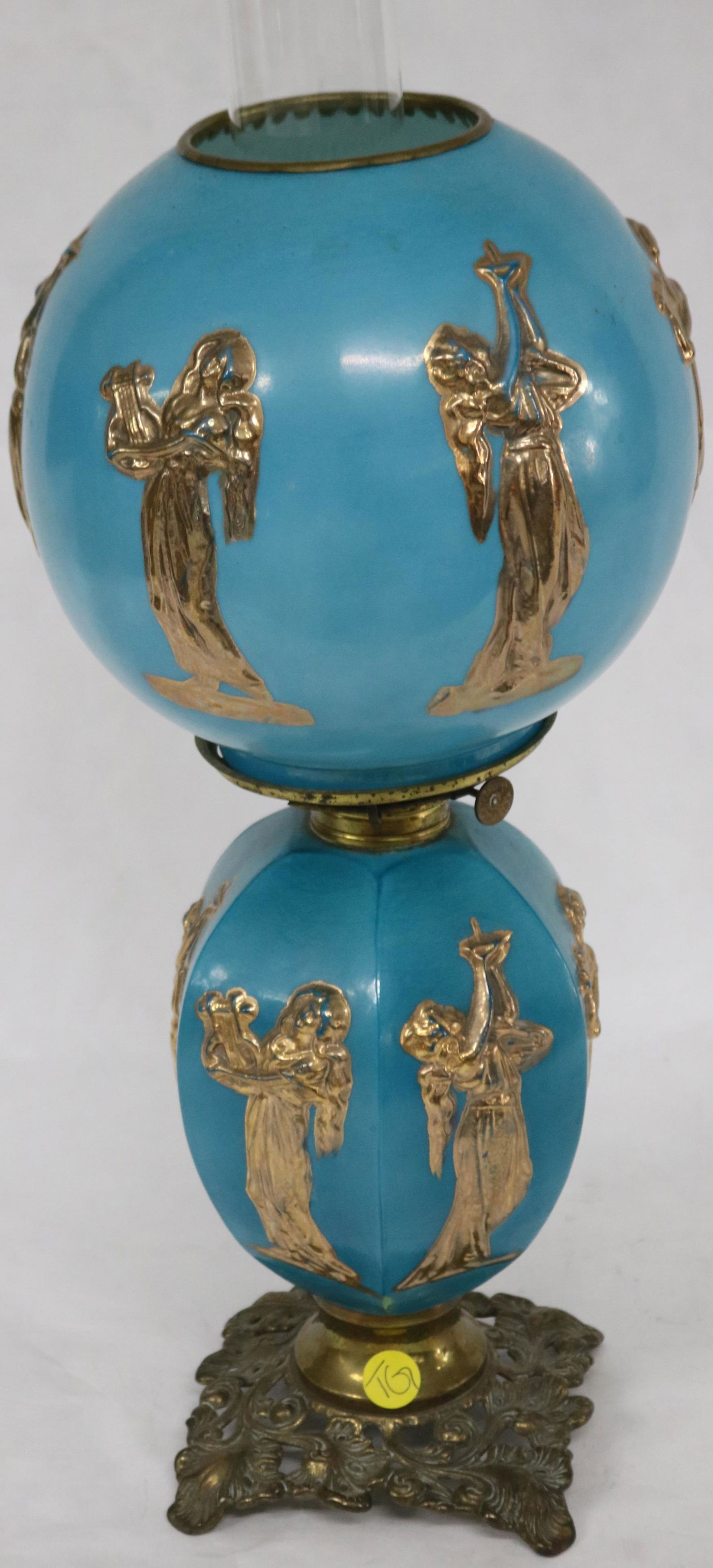 UNUSUAL SMALL GONE WITH THE WIND LAMP WITH: EMBOSSED ANGELIC FIGURES, HAS ORIGINAL BURNER, 18" H, 8" GLOBE
